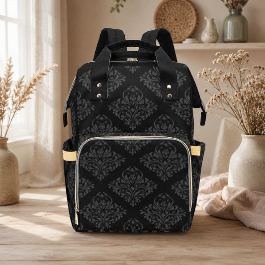 Black Damask Diaper Bag Backpack, Gothic Mom Backpack, Baby Travel Bag Organizer