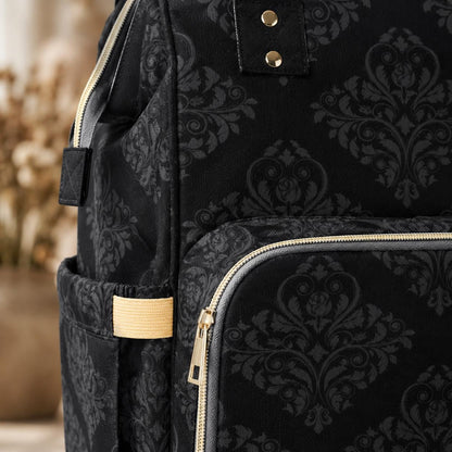 Black Damask Diaper Bag Backpack, Gothic Mom Backpack, Baby Travel Bag Organizer