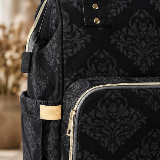 Black Damask Diaper Bag Backpack, Gothic Mom Backpack, Baby Travel Bag Organizer