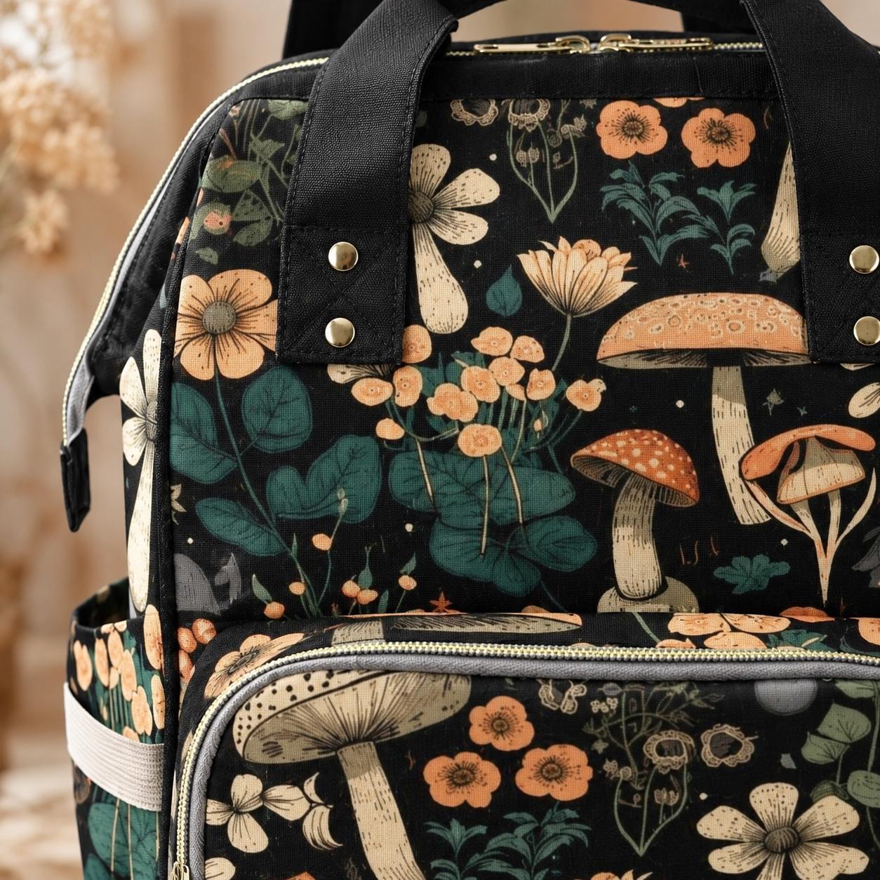 Mushroom Diaper Bag Backpack, Floral Baby Travel Bag, Cottagecore Mom Backpack Gift