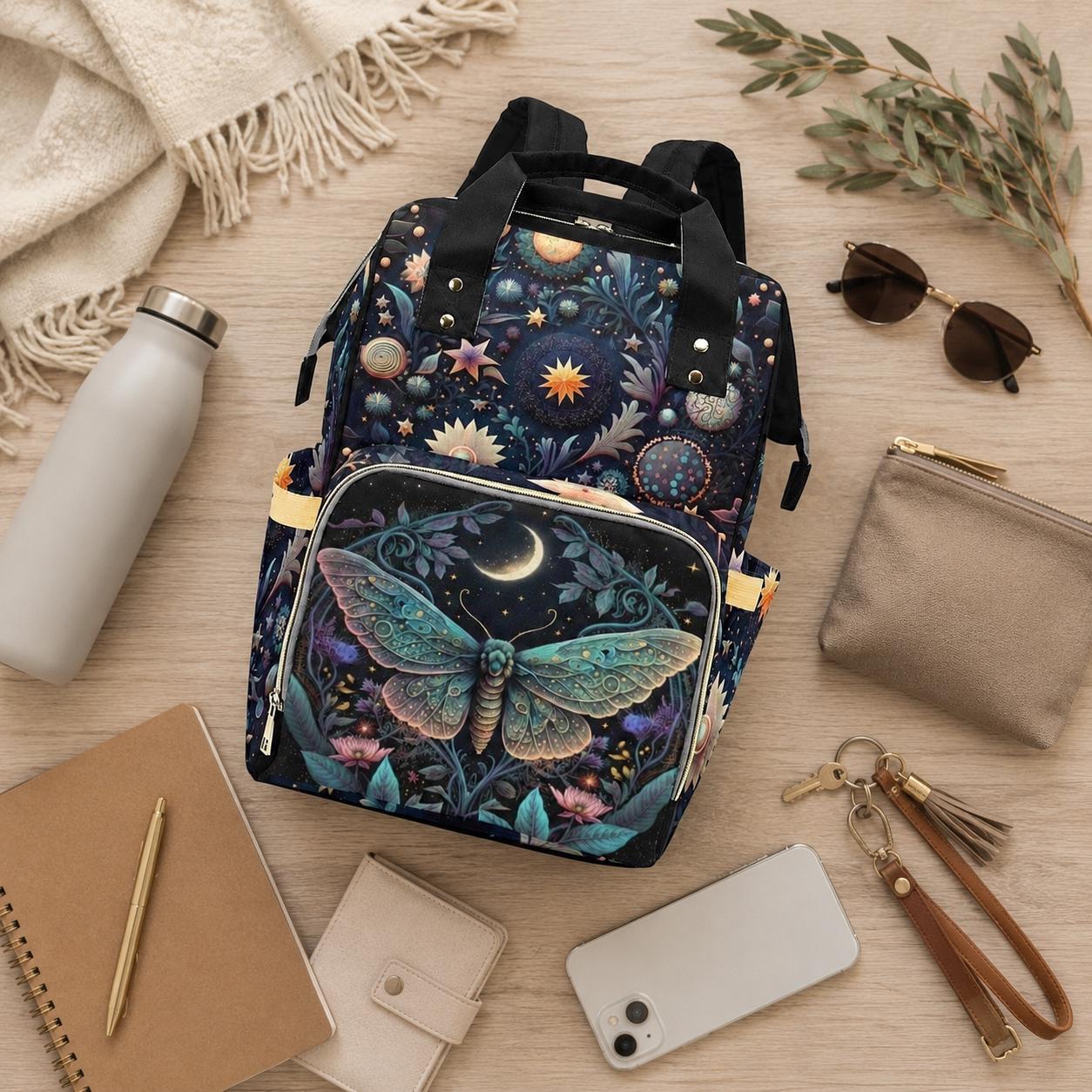 Moth Diaper Bag Backpack, Moon Baby Travel Bag, Enchanted Nursery Organizer