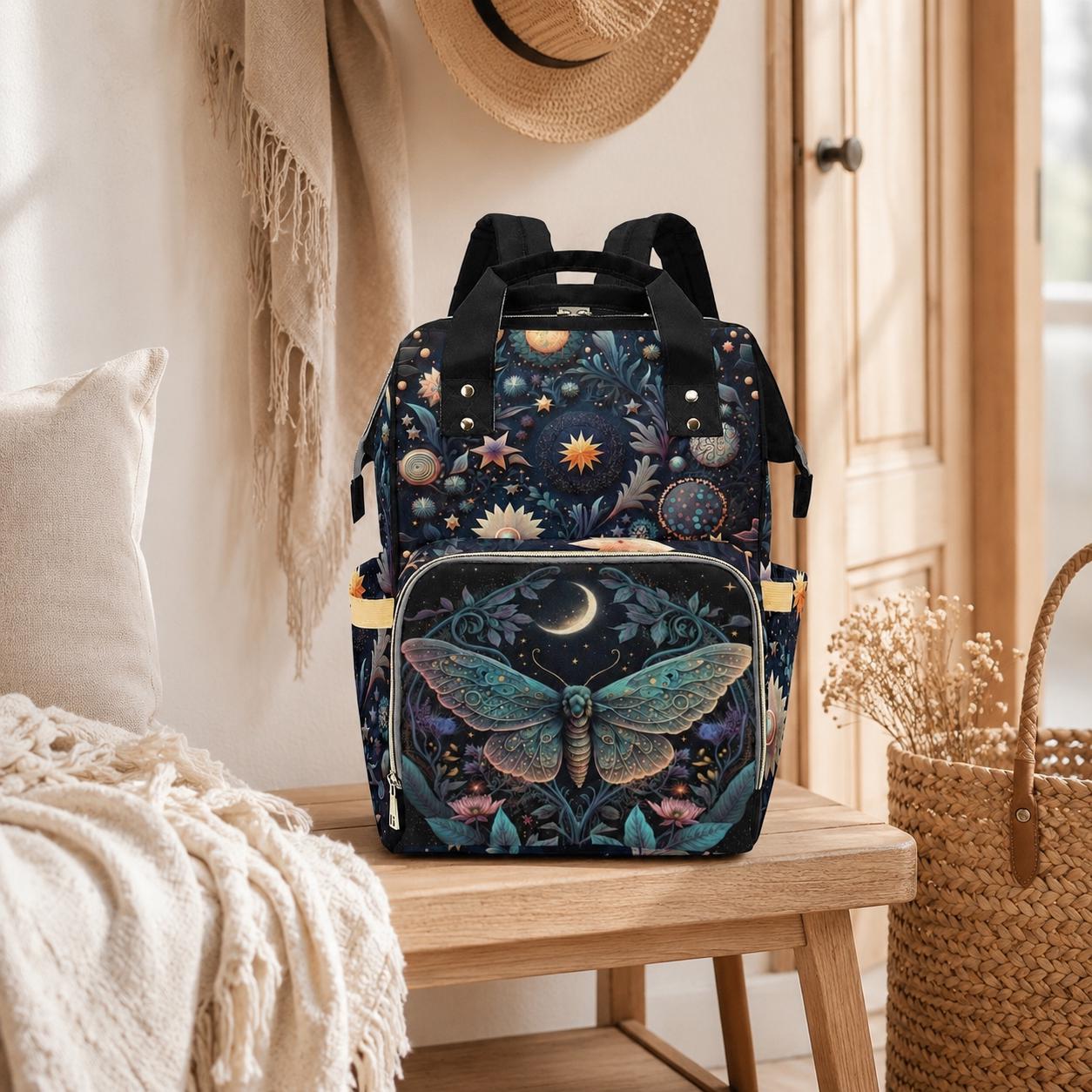 Moth Diaper Bag Backpack, Moon Baby Travel Bag, Enchanted Nursery Organizer