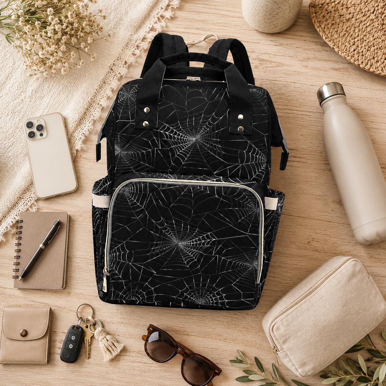 Spiderweb Pattern Diaper Backpack, Gothic Baby Bag, Occult Web Design