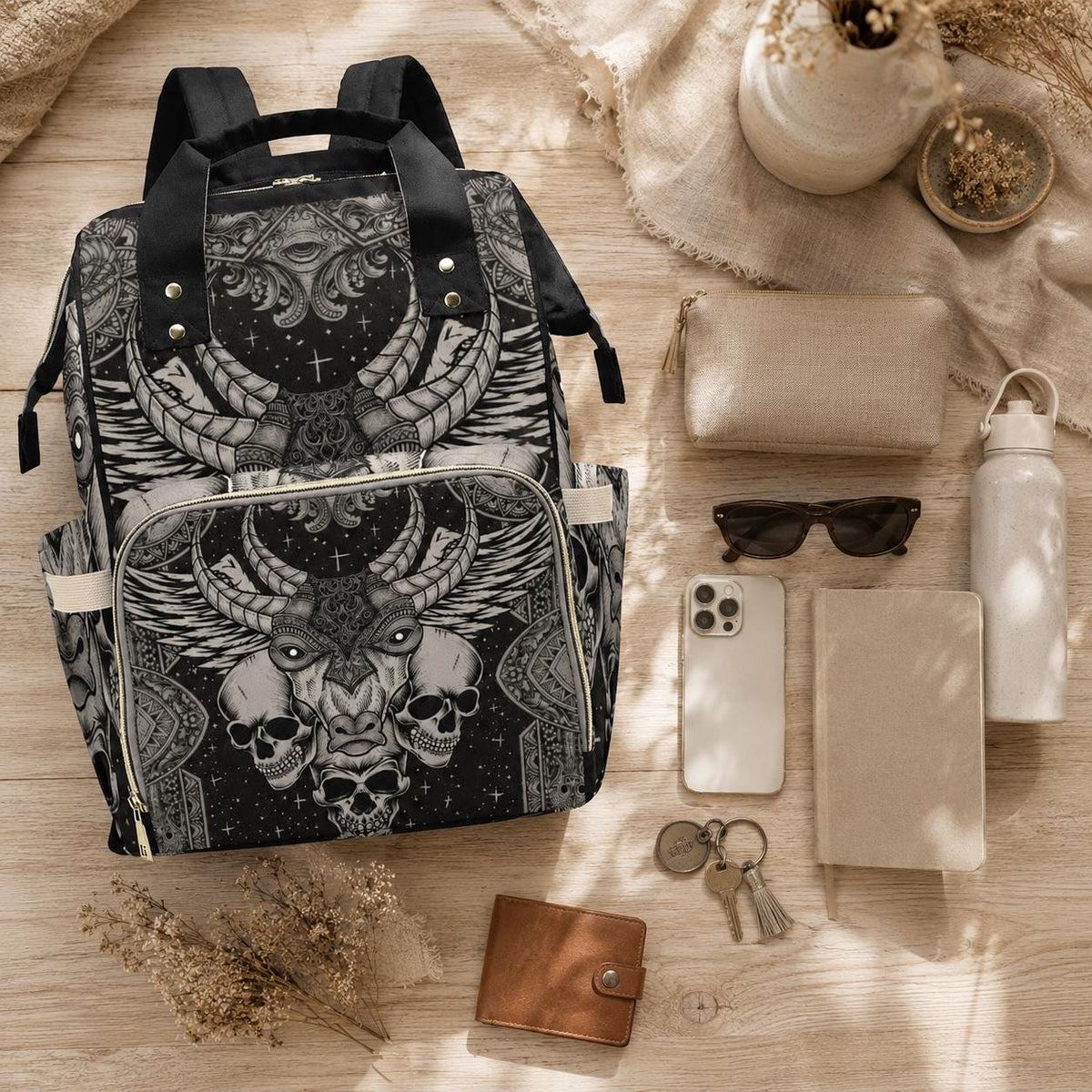 Gothic Diaper Bag Backpack, Ram Skull Mom Backpack, Baby Travel Bag