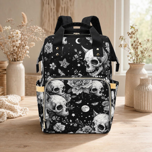 Diaper Bag Backpack, Gothic Skull Mom Bag, Celestial Baby Travel Bag