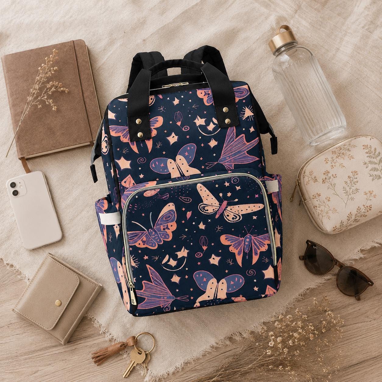 Moth Diaper Bag Backpack, Mom Backpack, Baby Travel Bag, Nursery Organizer
