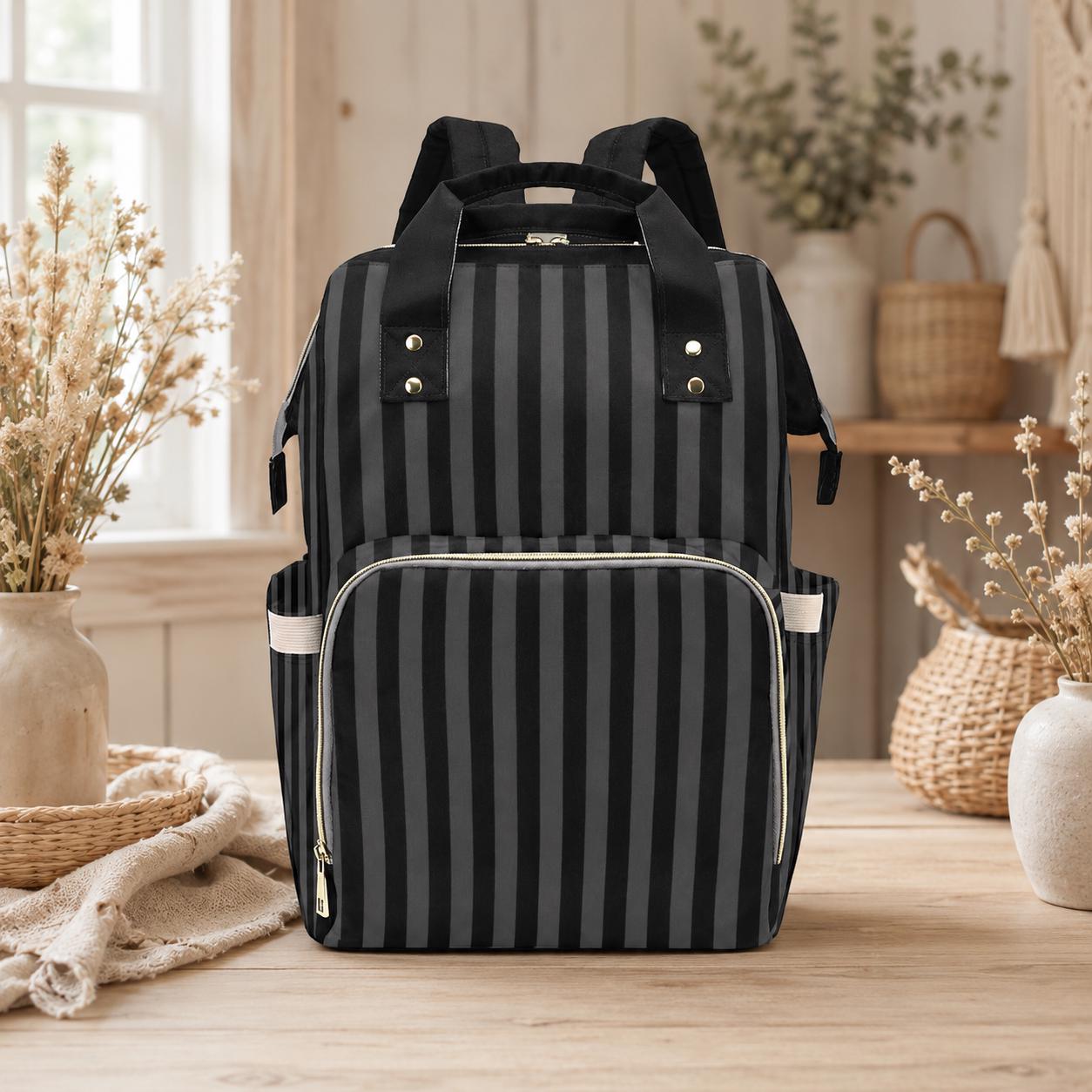 Black Striped Backpack, Gothic Diaper Bag, Dark Academia Organizer, Witchy Mom Tote, Alternative Baby Gear,Elegant Goth Gift,Goth Travel Bag