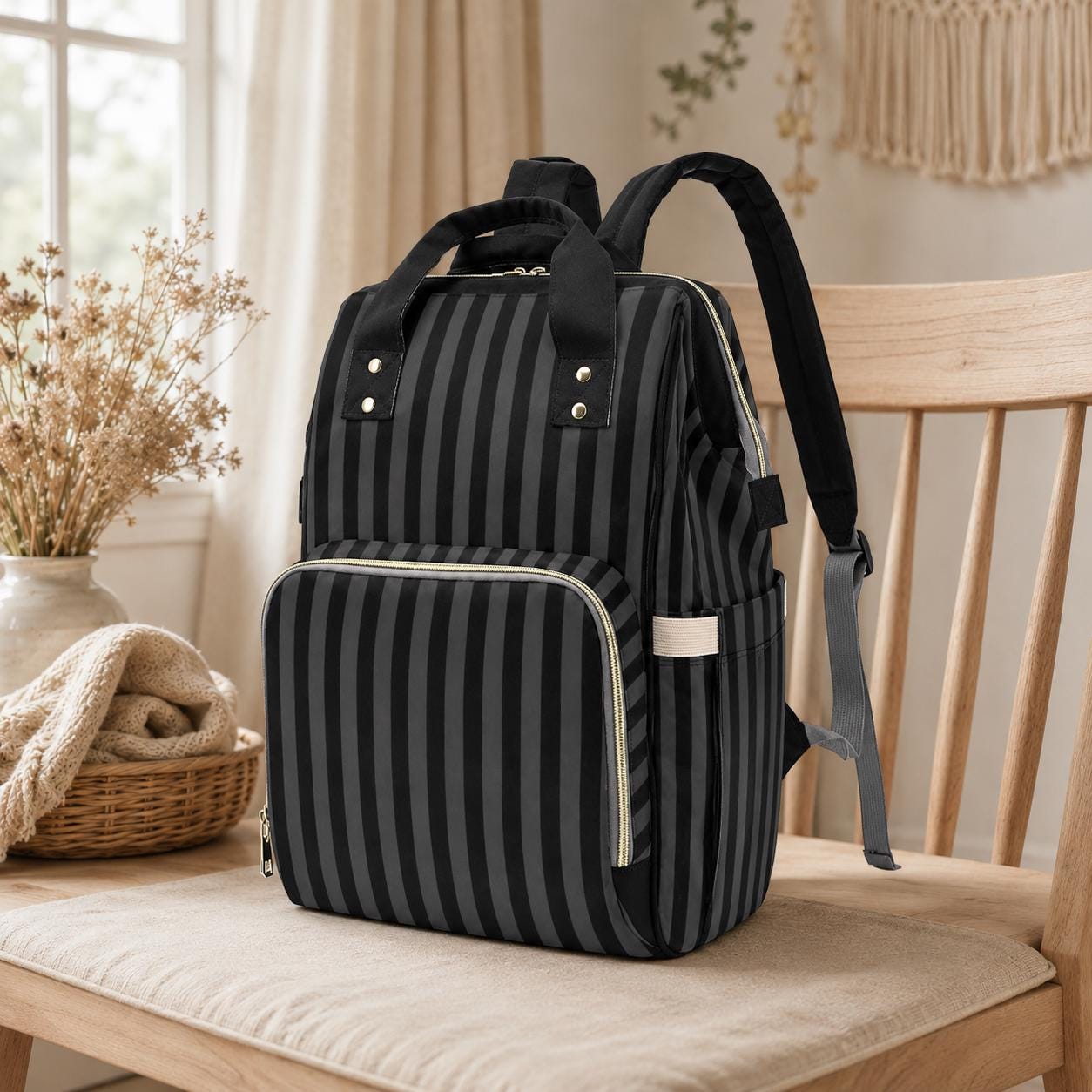 Black Striped Backpack, Gothic Diaper Bag, Dark Academia Organizer, Witchy Mom Tote, Alternative Baby Gear,Elegant Goth Gift,Goth Travel Bag
