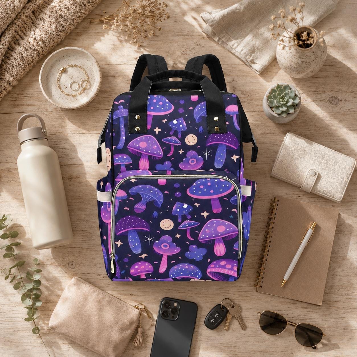Mushroom Diaper Bag Backpack, Celestial Baby Bag, Boho Mom Backpack, Nursery Travel Organizer