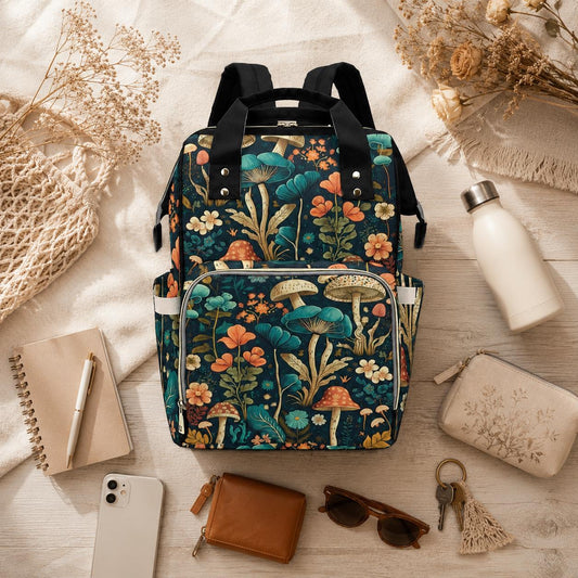 Botanical Diaper Backpack, Cottage Mushroom Baby Bag, Floral Mom Backpack, Nursery Travel Organizer, Practical Stroller Backpack