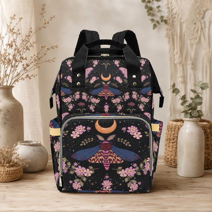 Moon Moth Diaper Backpack, Celestial Baby Bag, Boho Nursery Organizer