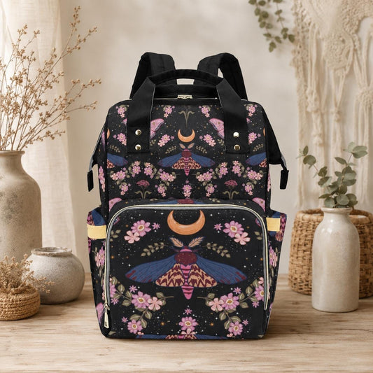 Moon Moth Diaper Backpack, Celestial Baby Bag, Boho Nursery Organizer