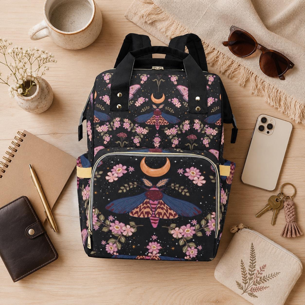 Moon Moth Diaper Backpack, Celestial Baby Bag, Boho Nursery Organizer