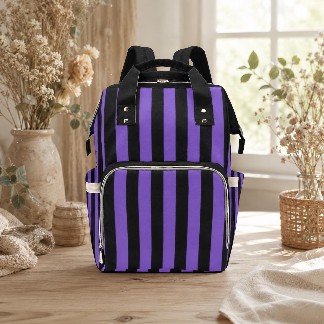 Purple Stripe Diaper Bag Backpack, Goth Mom Backpack, Baby Travel Bag, Stroller Organizer