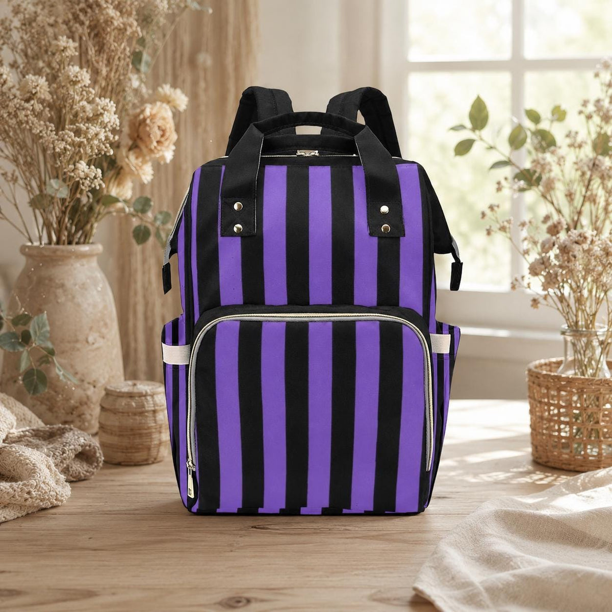 Purple Stripe Diaper Bag Backpack, Goth Mom Backpack, Baby Travel Bag