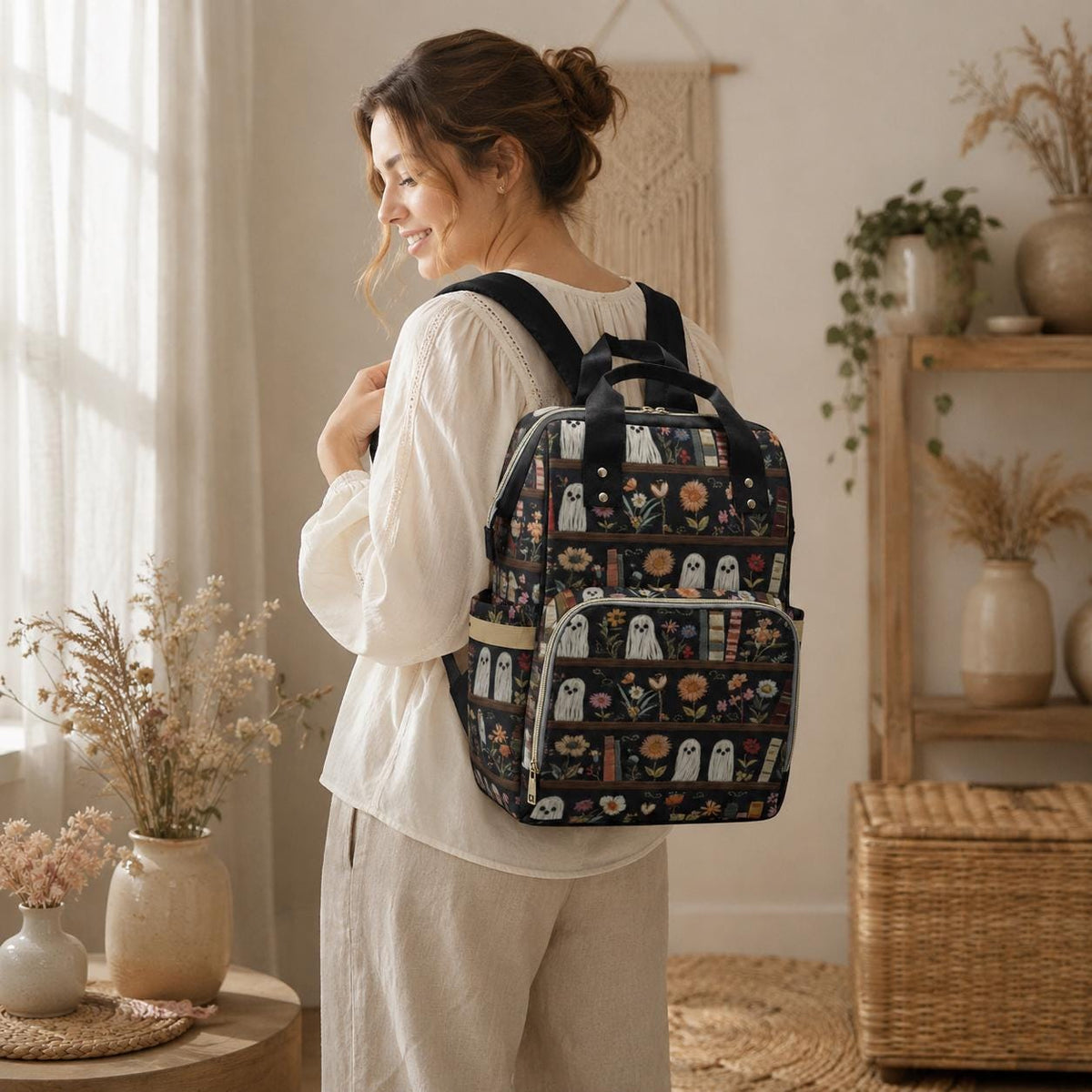 Ghost diaper bag backpack, spooky mom backpack, bookish baby travel bag