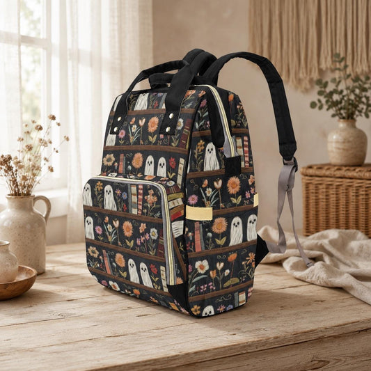 Ghost diaper bag backpack, spooky mom backpack, bookish baby travel bag