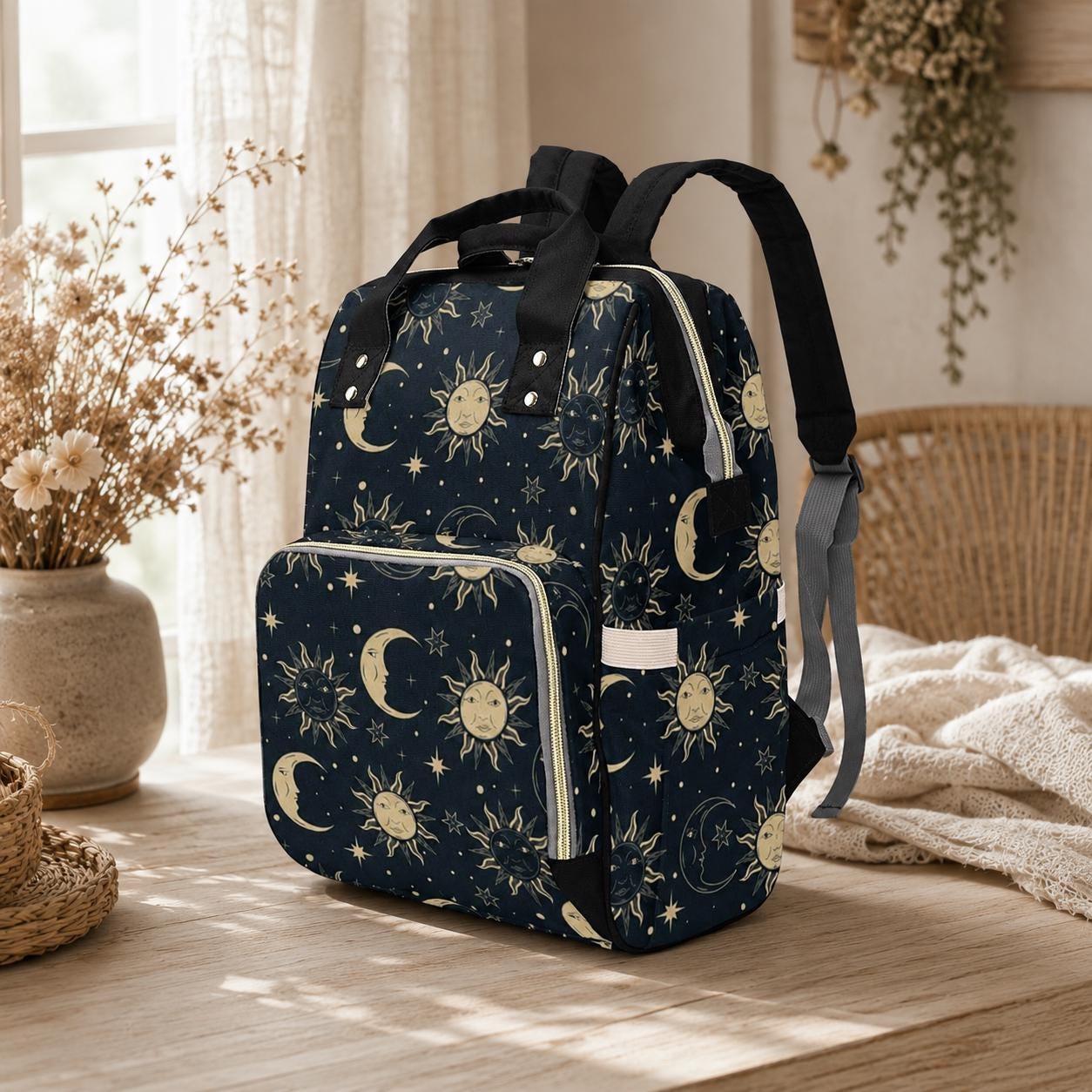 Celestial sun moon backpack, mystical diaper bag for moms, starry night travel tote, gothic witchy baby bag