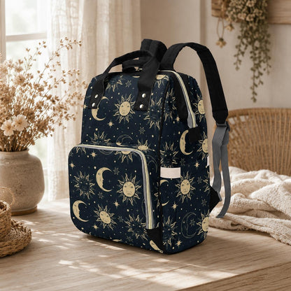 Celestial sun moon backpack, mystical diaper bag for moms, starry night travel tote