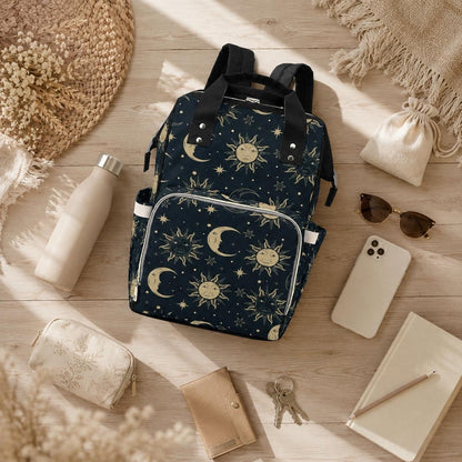 Celestial sun moon backpack, mystical diaper bag for moms, starry night travel tote