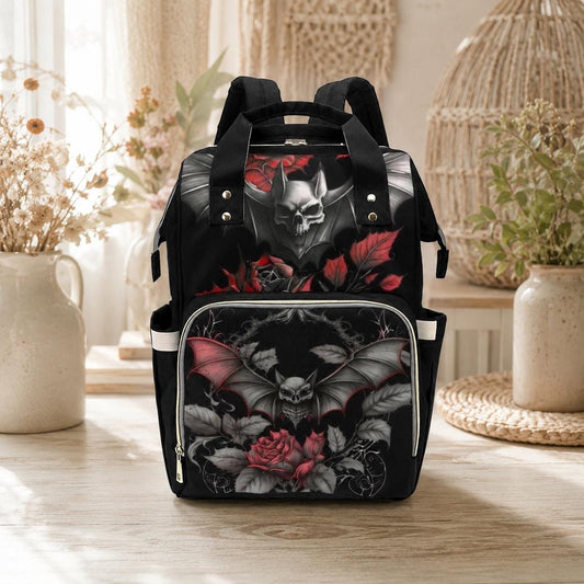 Bat Diaper Bag Backpack, Dark Rose Mom Bag, Nursery Travel Organizer
