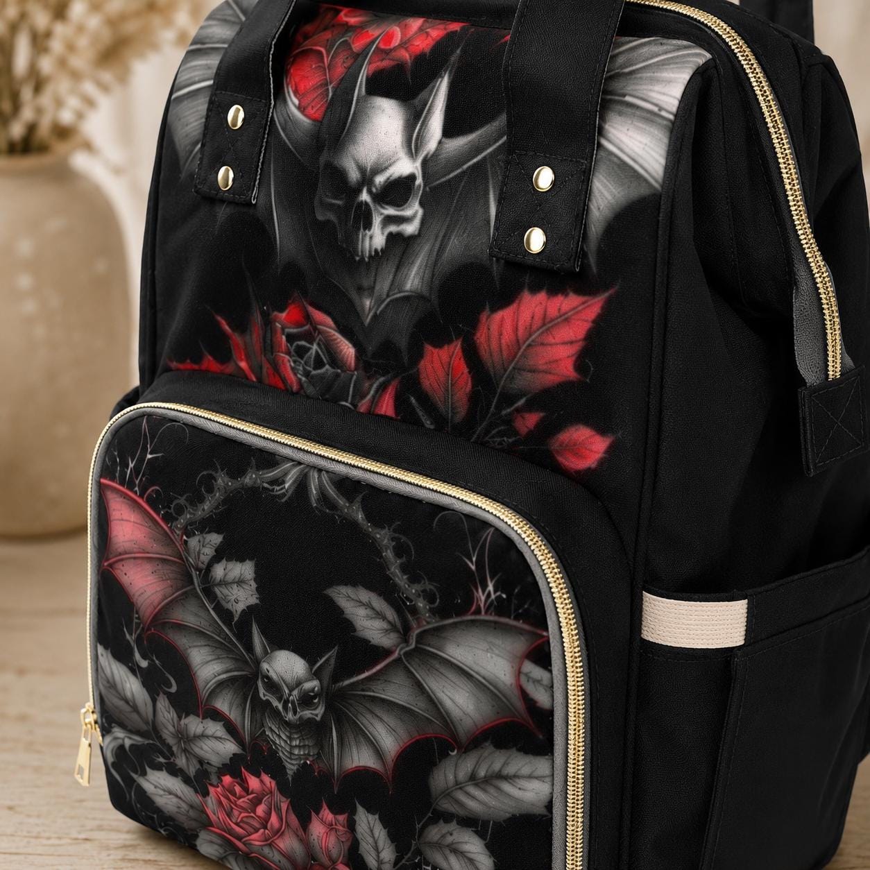 Bat Diaper Bag Backpack, Dark Rose Mom Bag, Nursery Travel Organizer