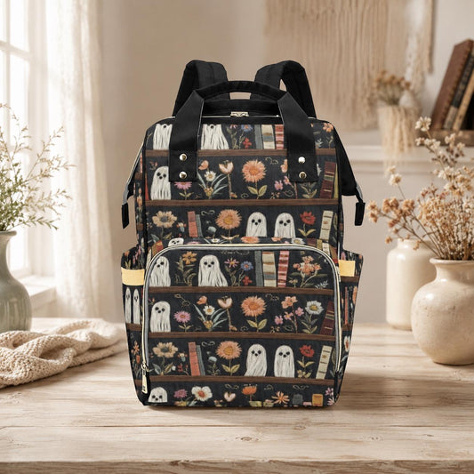 Ghost Diaper Bag Backpack, Floral Bookshelf Baby Travel Bag, Bookish Mom Backpack