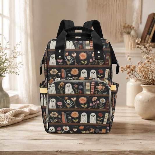 Ghost Diaper Bag Backpack, Floral Bookshelf Baby Travel Bag, Bookish Mom Backpack