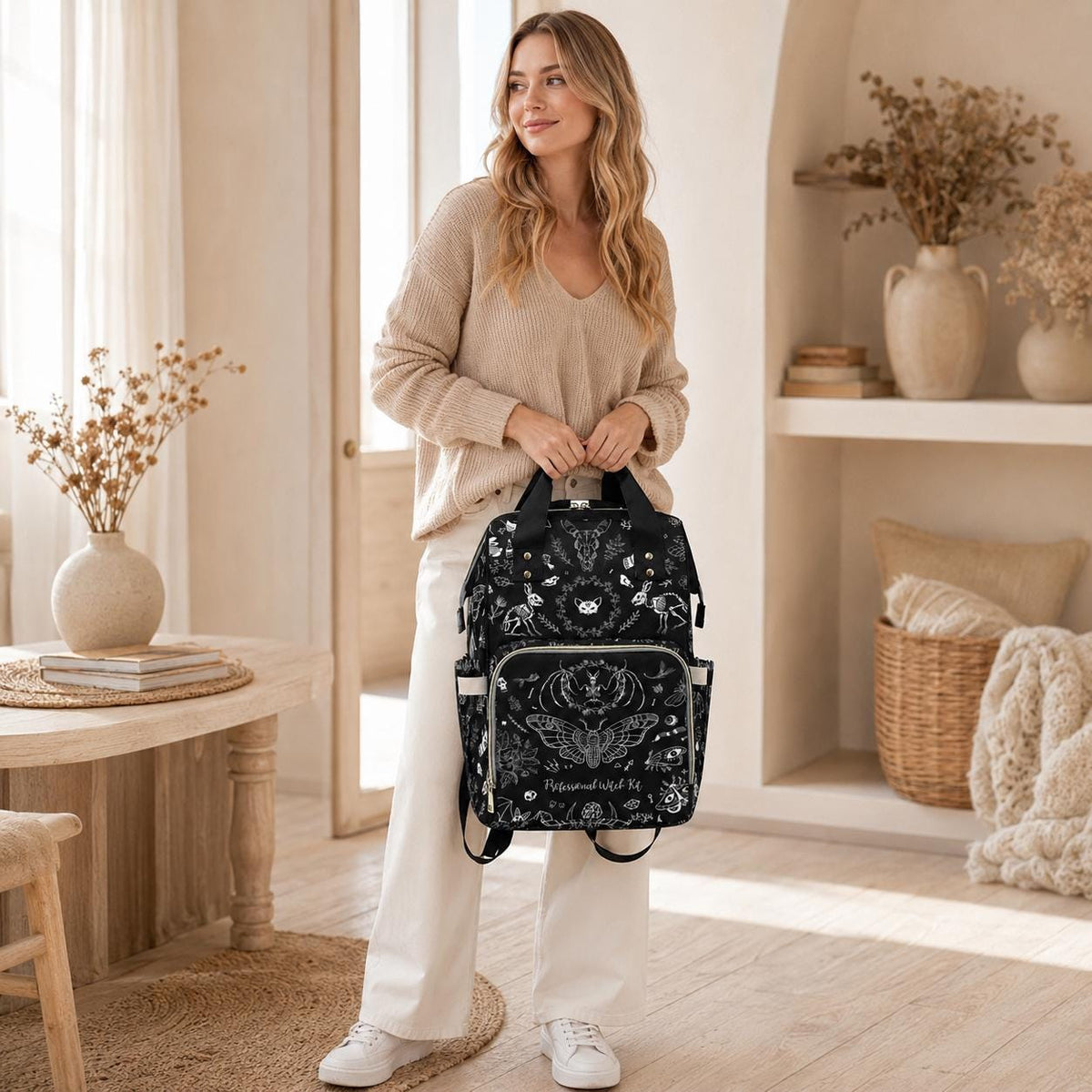 Occult Diaper Bag Backpack, Monochrome Witchy Mom Bag, Mystical Baby Travel Backpack