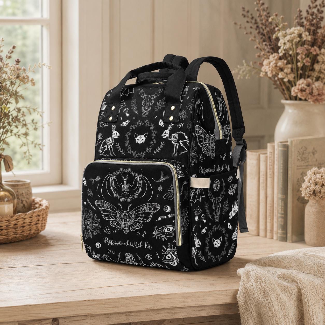Occult Diaper Bag Backpack, Monochrome Witchy Mom Bag, Mystical Baby Travel Backpack, Moon Nursery Organizer, Black Stroller Pack