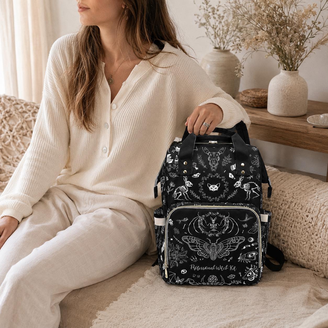 Occult Diaper Bag Backpack, Monochrome Witchy Mom Bag, Mystical Baby Travel Backpack, Moon Nursery Organizer, Black Stroller Pack