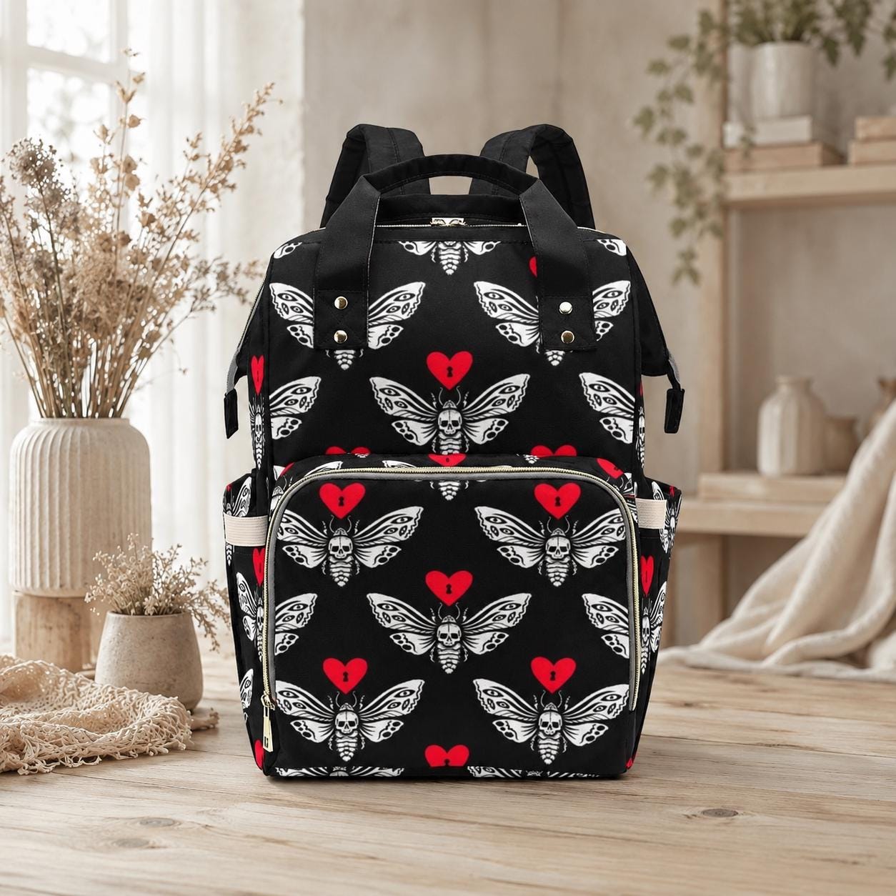 Skull Moth Diaper Bag Backpack, Gothic Baby Travel Organizer, Dark Nursery Alternative Stroller Bag