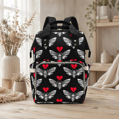 Skull Moth Diaper Bag Backpack, Gothic Baby Travel Organizer, Dark Nursery Alternative Stroller Bag