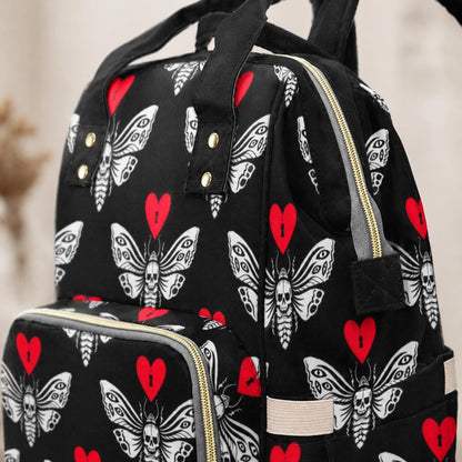 Skull Moth Diaper Bag Backpack, Gothic Baby Travel Organizer, Dark Nursery Alternative Stroller Bag