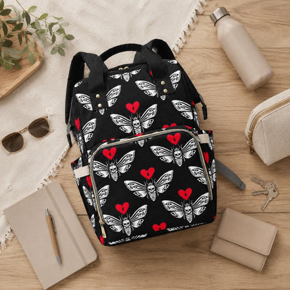 Skull Moth Diaper Bag Backpack, Gothic Baby Travel Organizer, Dark Nursery Alternative Stroller Bag