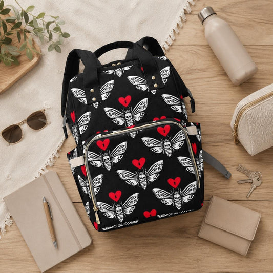 Skull Moth Diaper Bag Backpack, Gothic Baby Travel Organizer, Dark Nursery Alternative Stroller Bag