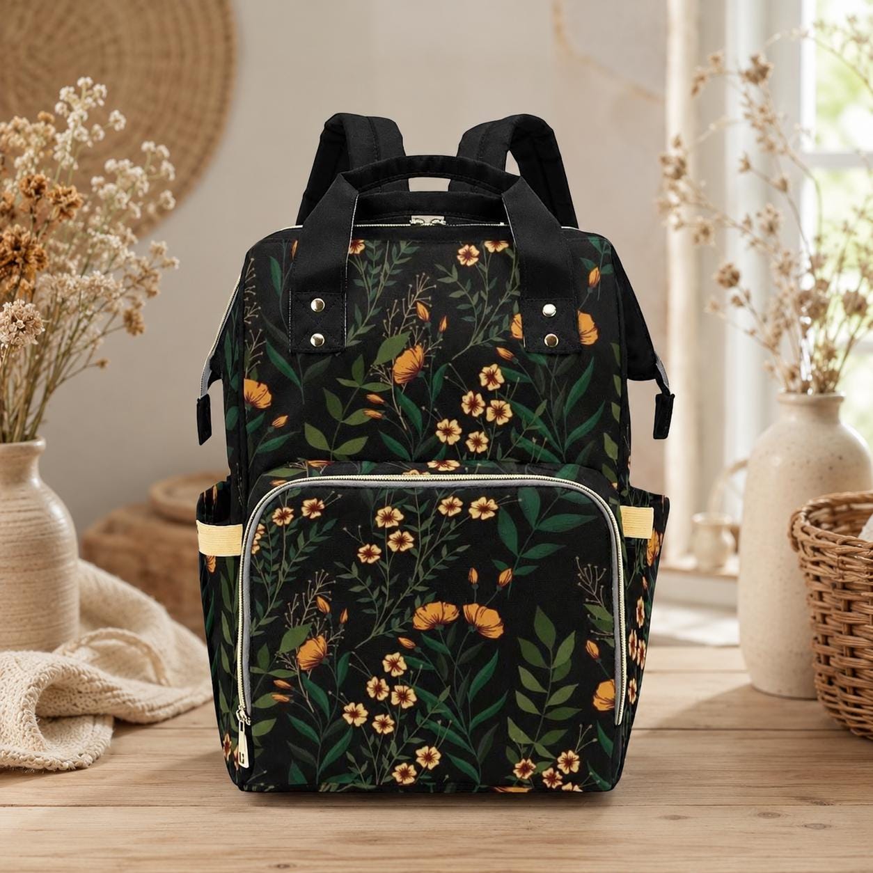 Dark Floral Diaper Backpack, Witchy Botanical Baby Travel Organizer, Cottagecore Mom Bag