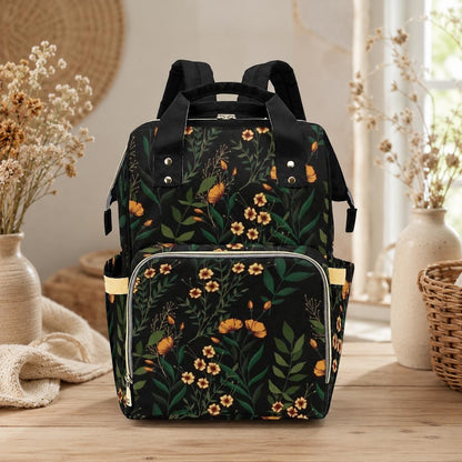 Dark Floral Diaper Backpack, Witchy Botanical Baby Travel Organizer, Cottagecore Mom Bag