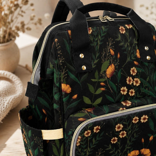 Dark Floral Diaper Backpack, Witchy Botanical Baby Travel Organizer, Cottagecore Mom Bag