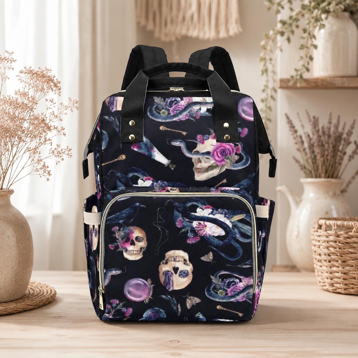 Gothic Diaper Backpack, Snake Skull Baby Bag, Alternative Mom Backpack Organizer