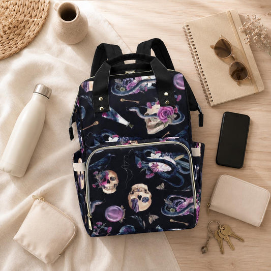 Gothic Diaper Backpack, Snake Skull Baby Bag, Alternative Mom Backpack Organizer