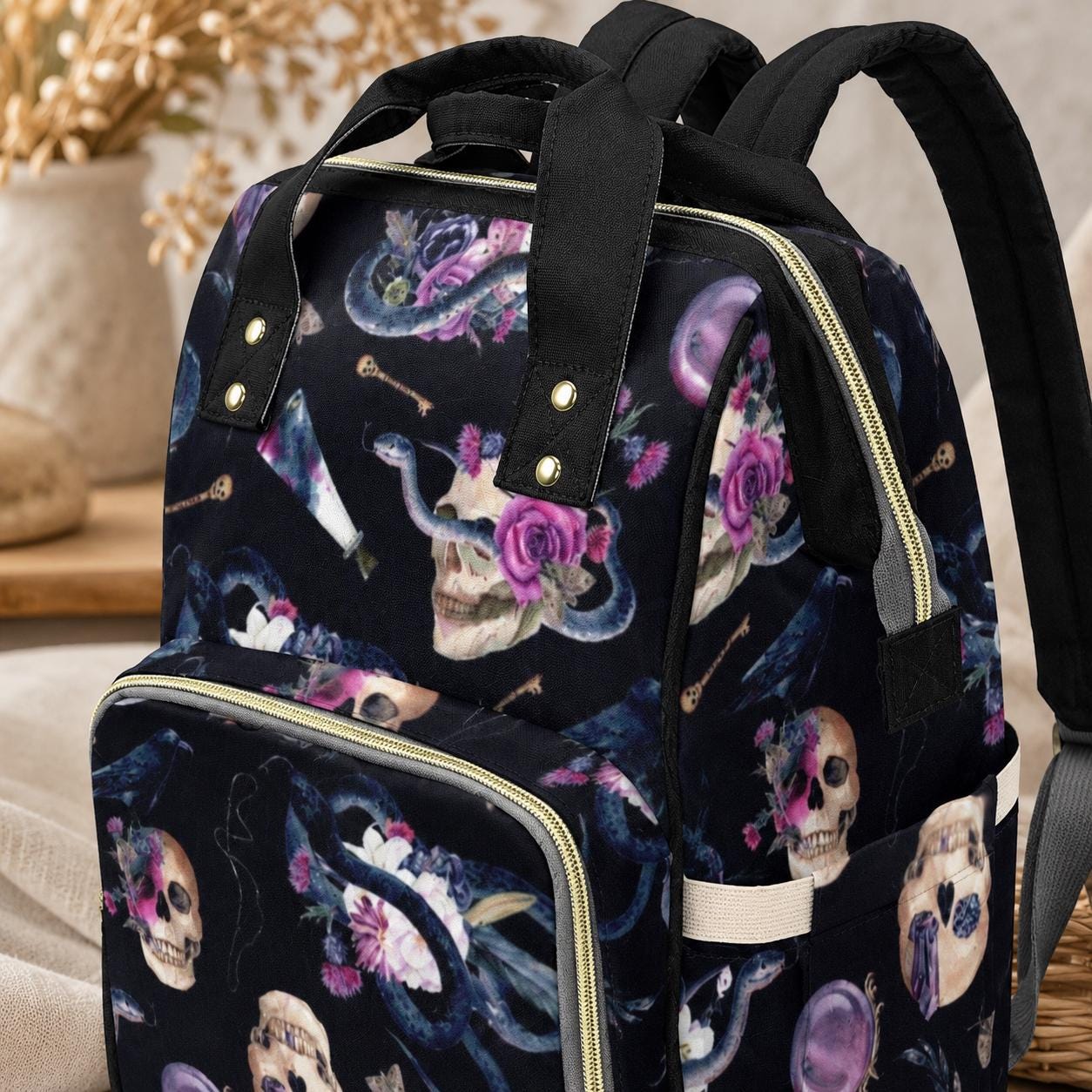 Gothic Diaper Backpack, Snake Skull Baby Bag, Alternative Mom Backpack Organizer