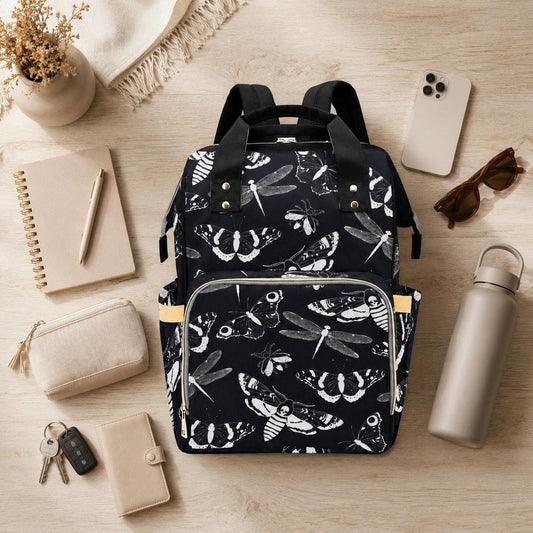 Diaper Bag Backpack, Insect Print Baby Travel Bag, Moth Dragonfly Mom Backpack