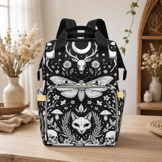 Celestial Diaper Bag Backpack, Monochrome Moth Nursery Organizer, Black Baby Travel Bag