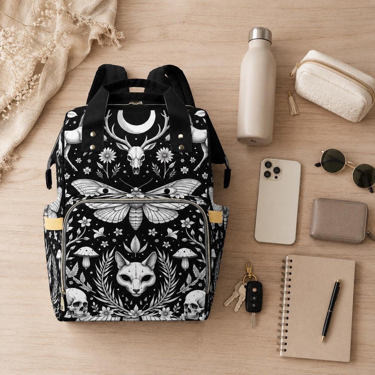 Celestial Diaper Bag Backpack, Monochrome Moth Nursery Organizer, Black Baby Travel Bag