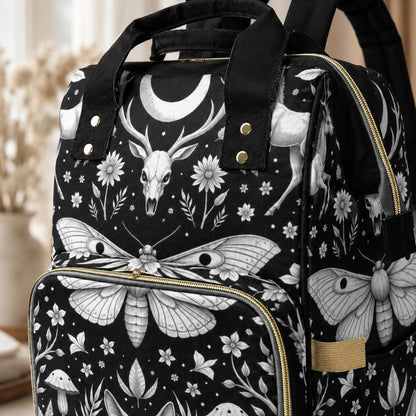 Celestial Diaper Bag Backpack, Monochrome Moth Nursery Organizer, Black Baby Travel Bag