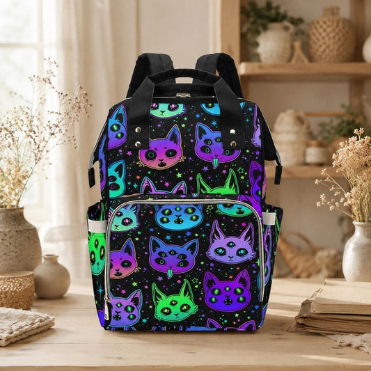Diaper bag backpack with neon cats, mom travel bag, baby organizer backpack