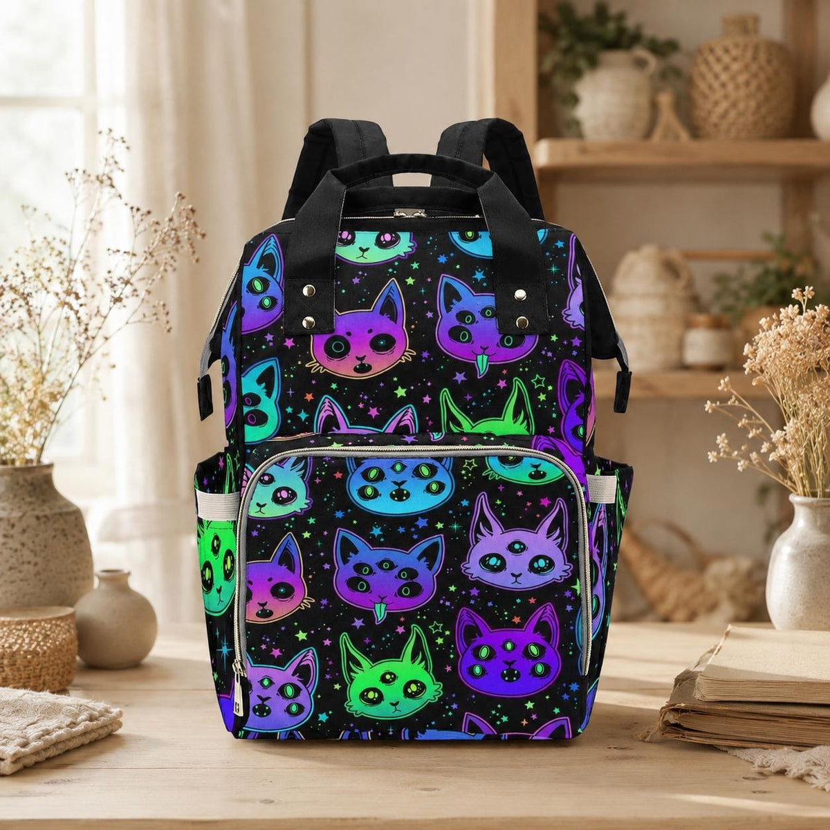 Diaper bag backpack with neon cats, mom travel bag, baby organizer backpack