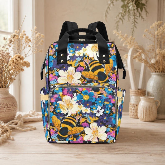Bee Floral Diaper Bag Backpack, Bumblebee Mom Pack, Cottagecore Baby Bag