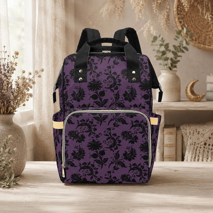 Gothic Diaper Bag Backpack, Purple Damask Baby Bag, Nursery Organizer